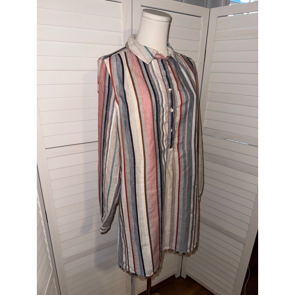 Lilla P Multi Stripe Button Front Long Sleeve Tunic Dress Fringe Hem Medium - Picture 3 of 7